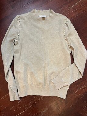 Catherine Malandrino Cream Crewneck Sweater with Pearl Shoulder Trim